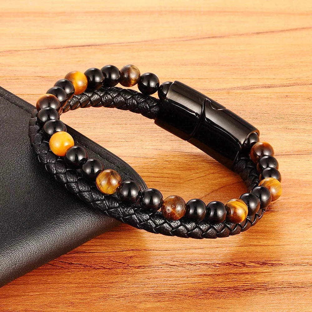 Valentia Natural Stone & Leather Bracelet – Double Layer with Stainless Steel Magnetic Clasp