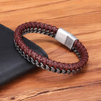 XQNI Luxury Vintage Handmade Leather Braid Men Bracelet Stainless Steel Buckle Business Men's Bangles For Friend Partner Lovers