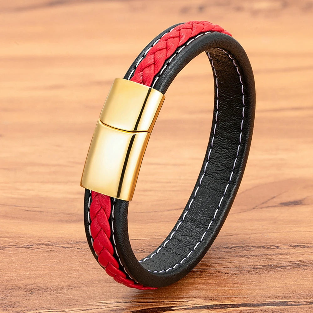 Valentia Black & Red Braided Leather Bracelet – Stainless Steel Charm Jewelry Gift for Men
