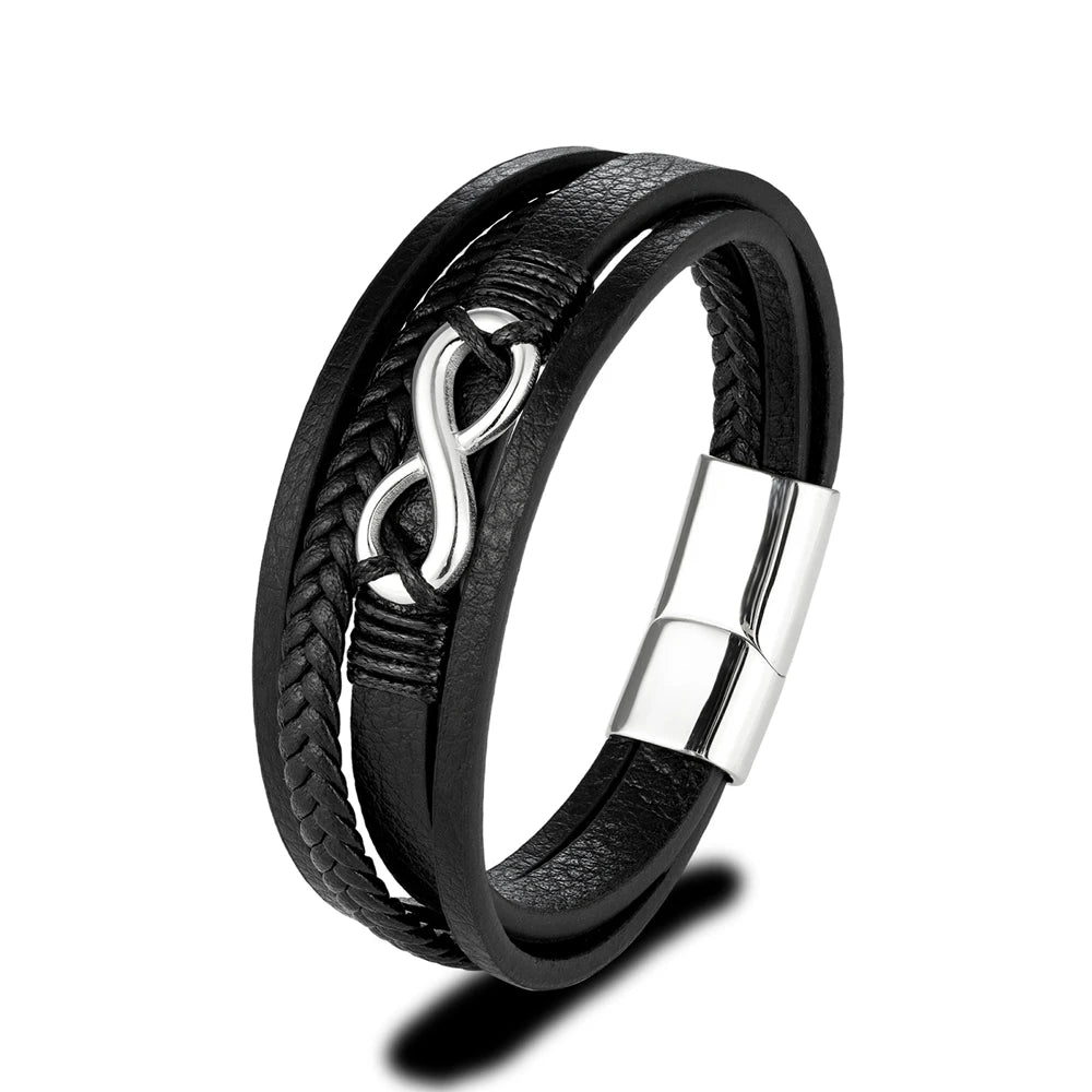 Eterna Braided Leather Bracelet – Multilayer Woven Design with Black Stainless Steel, Classic Infinity Style for Men