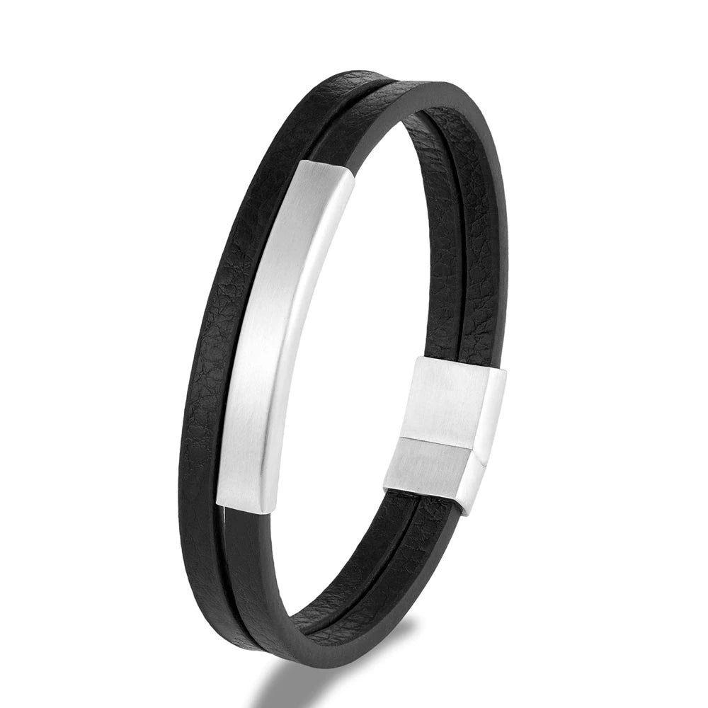 NoirBound Leather Bracelet – Double Strand Handmade Design with Matte Black Stainless Steel Clasp, Sleek and Minimalist Style for Men