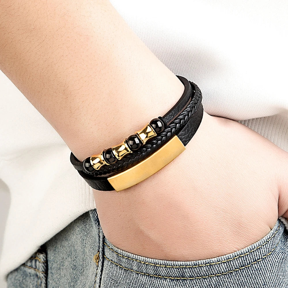 XQNI Men's Stainless Steel Magnetic Bracelet Punk Black Leather Wristband Elegant Mature Accessory Ideal Jewelry Gift