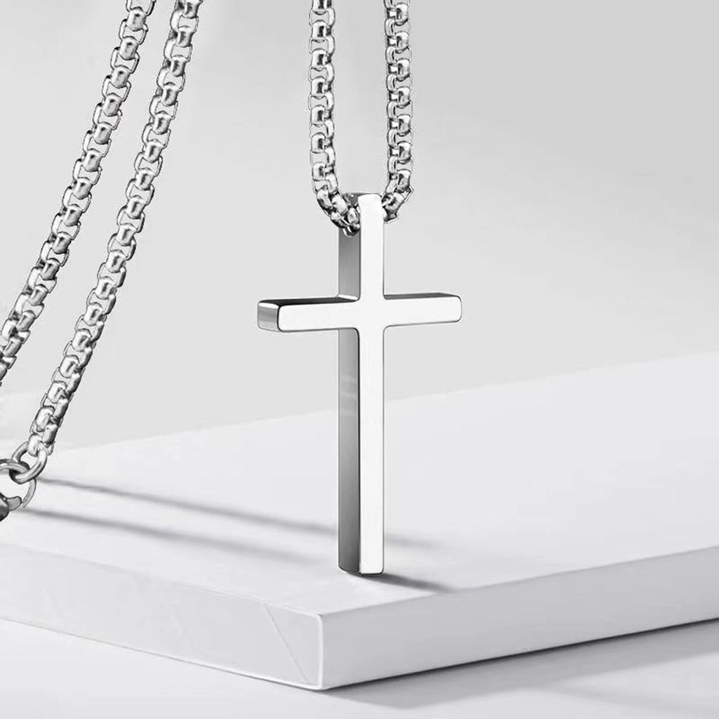 Vnox Cross Necklace for Men Women, Silver Color Plain Alloy Metal Cross Pendant Collar with Stainless Steel Box Chain