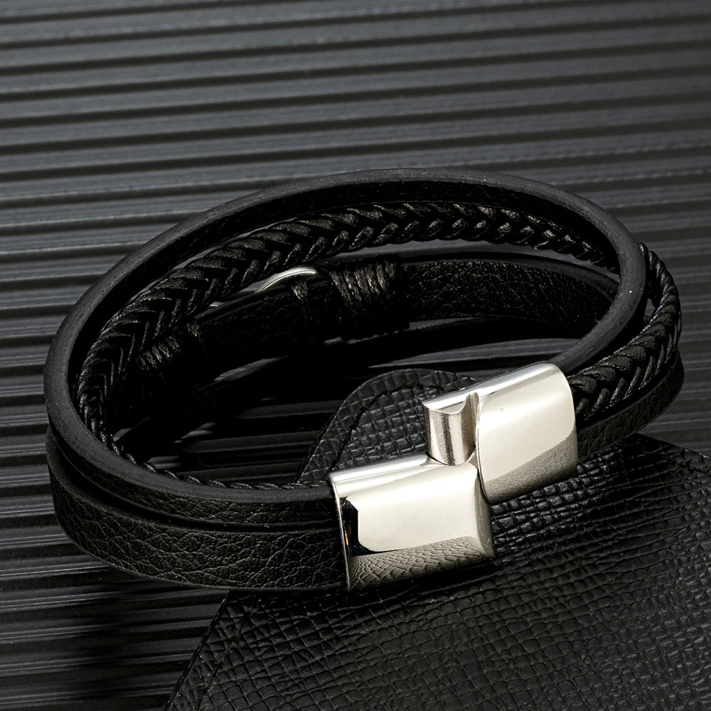 Eterna Braided Leather Bracelet – Multilayer Woven Design with Black Stainless Steel, Classic Infinity Style for Men