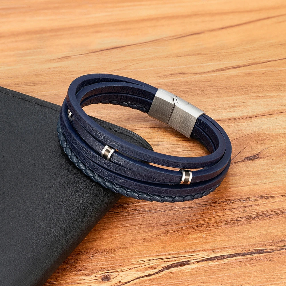 XQNI Retro Men's Leather Bracelets Simple Open Bangle Woven Braided Leather Stainless Steel Clasp Hand Rope Outdoor Sports Gift