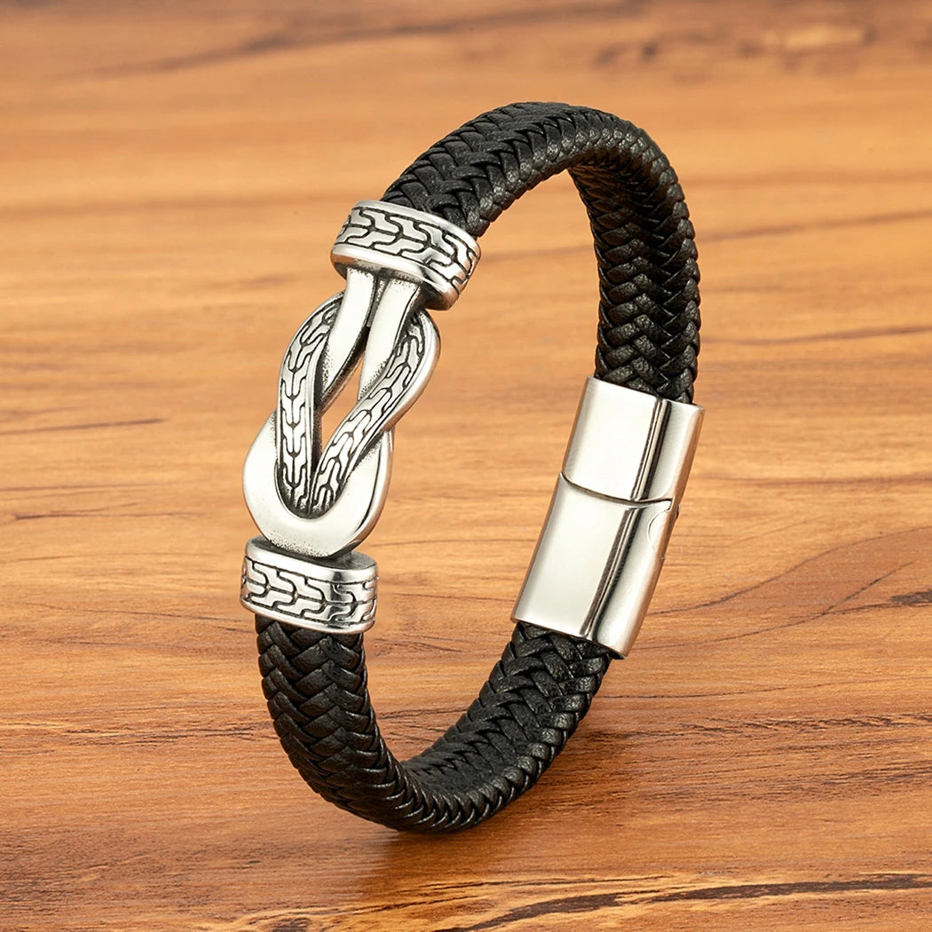 XQNI Stainless Steel Bracelets Weave Black/Brown Leahter Magnetic Buckle Rope Jewelry Accessories Bangles Gifts for Men Friend