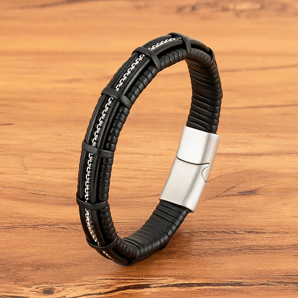 Titan Edge Bracelet – Men’s Leather & Stainless Steel Magnetic Bracelet