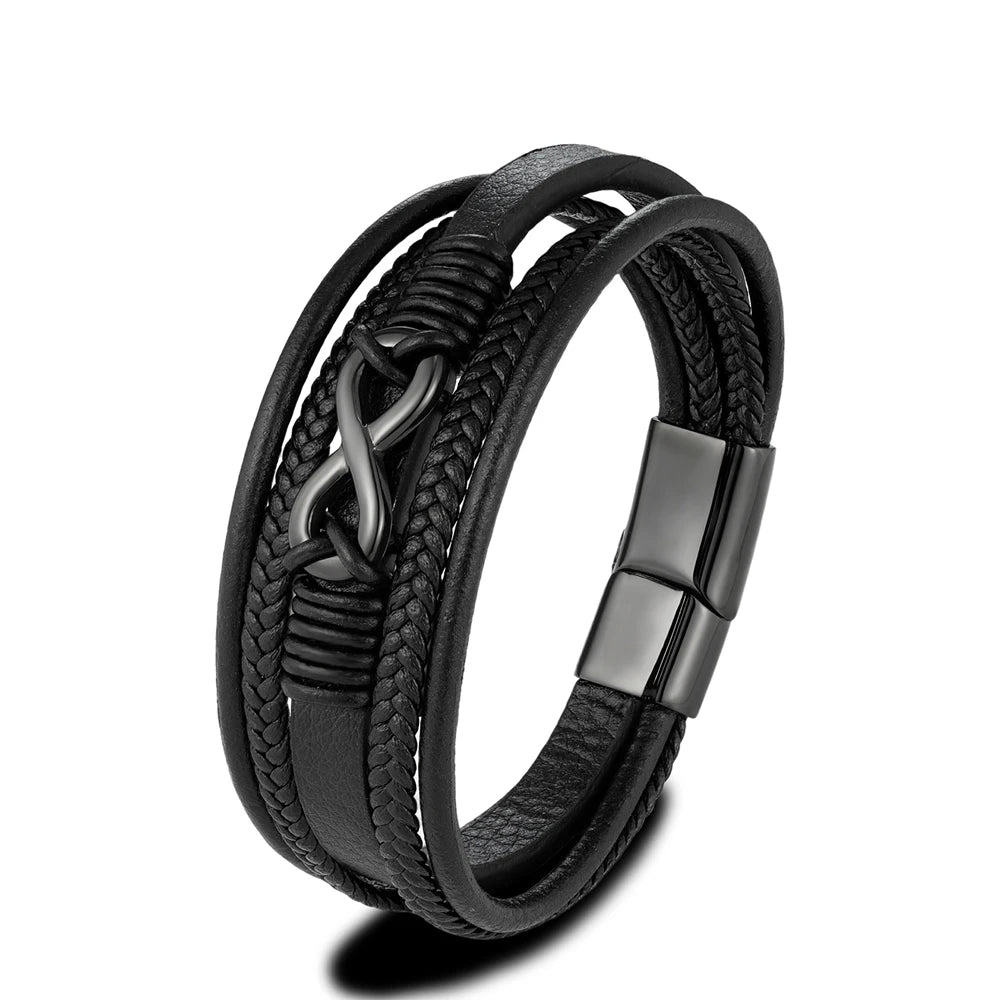 Eterna Braided Leather Bracelet – Multilayer Woven Design with Black Stainless Steel, Classic Infinity Style for Men