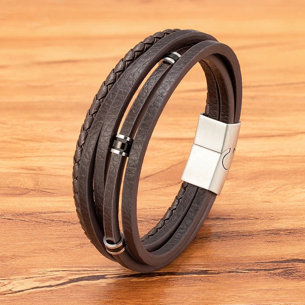 XQNI Retro Men's Leather Bracelets Simple Open Bangle Woven Braided Leather Stainless Steel Clasp Hand Rope Outdoor Sports Gift