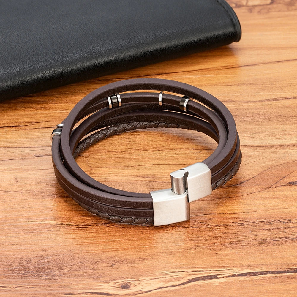 XQNI Retro Men's Leather Bracelets Simple Open Bangle Woven Braided Leather Stainless Steel Clasp Hand Rope Outdoor Sports Gift