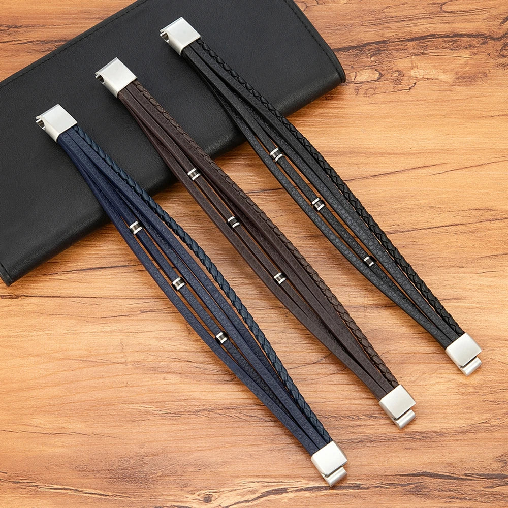 XQNI Retro Men's Leather Bracelets Simple Open Bangle Woven Braided Leather Stainless Steel Clasp Hand Rope Outdoor Sports Gift