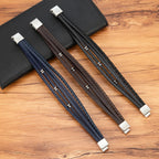 XQNI Retro Men's Leather Bracelets Simple Open Bangle Woven Braided Leather Stainless Steel Clasp Hand Rope Outdoor Sports Gift