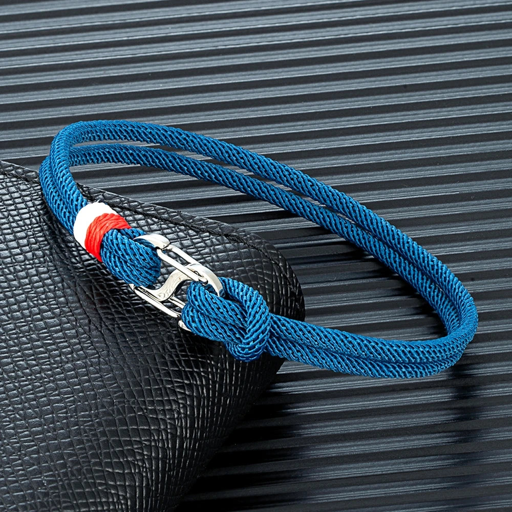 Mariner Braided Rope Bracelet – Navy Blue Survival Style with Stainless Steel Double Push Carabiner Clasp, Durable Design for Men