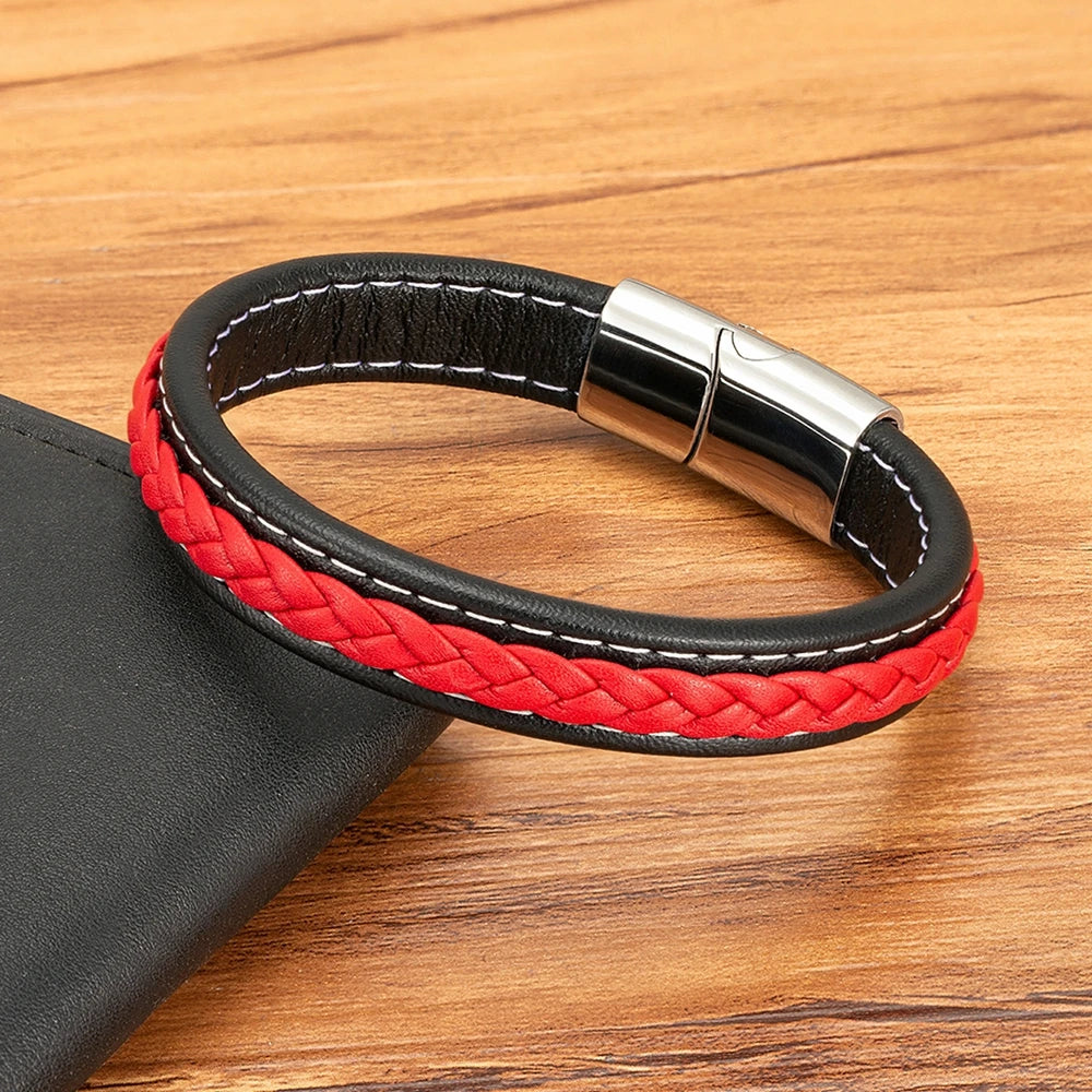 Valentia Black & Red Braided Leather Bracelet – Stainless Steel Charm Jewelry Gift for Men