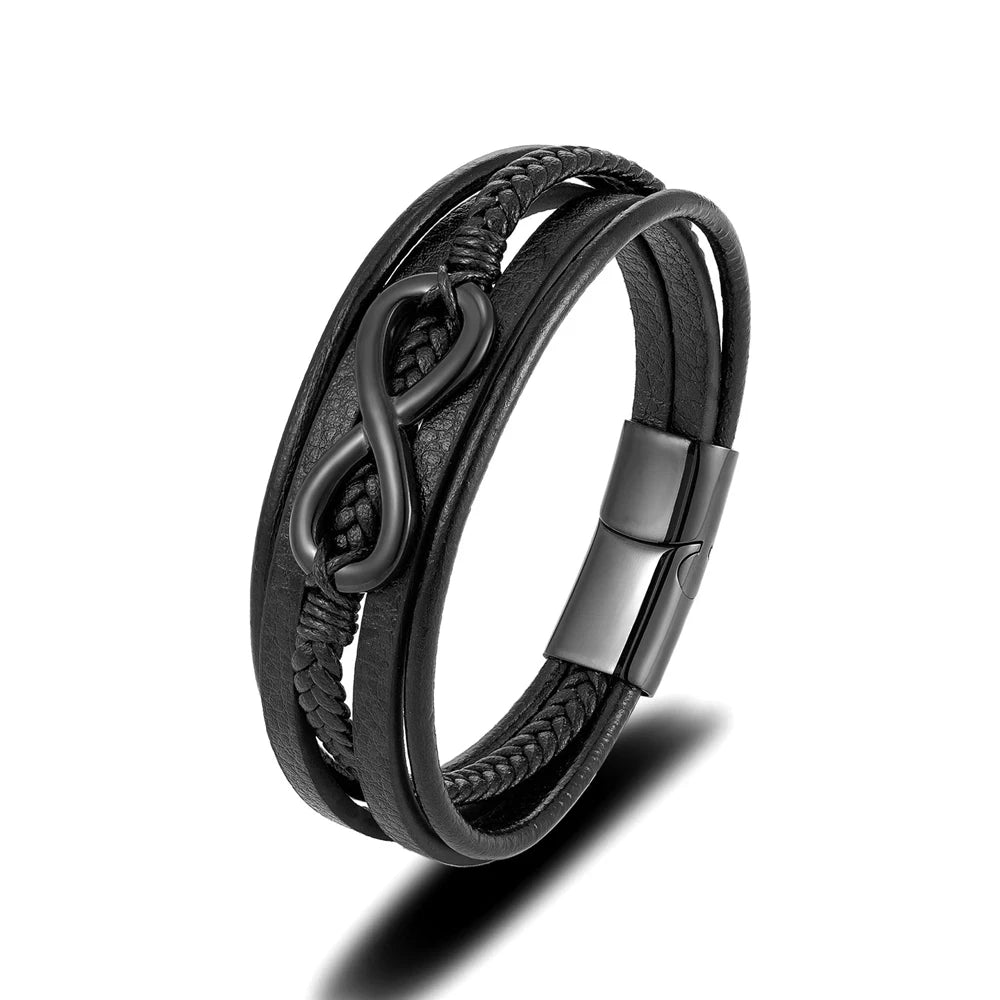 Eterna Braided Leather Bracelet – Multilayer Woven Design with Black Stainless Steel, Classic Infinity Style for Men