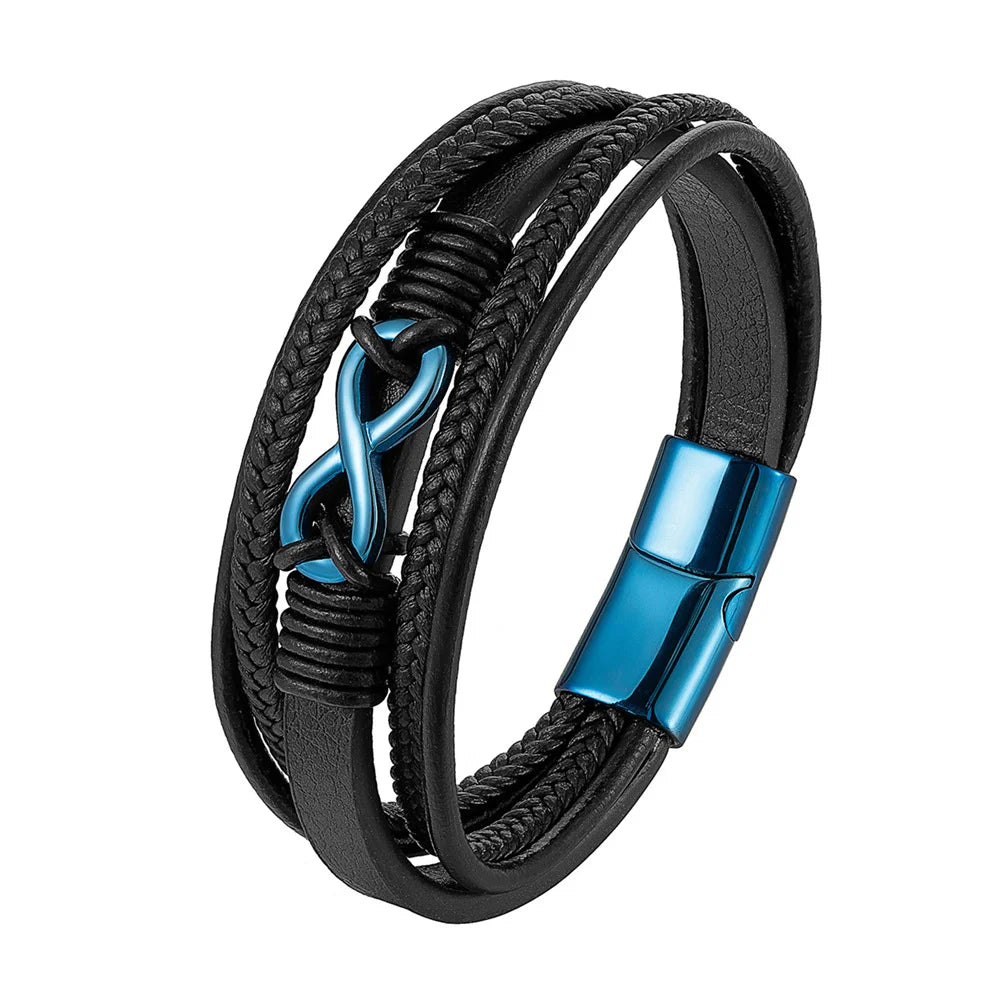 Eterna Braided Leather Bracelet – Multilayer Woven Design with Black Stainless Steel, Classic Infinity Style for Men