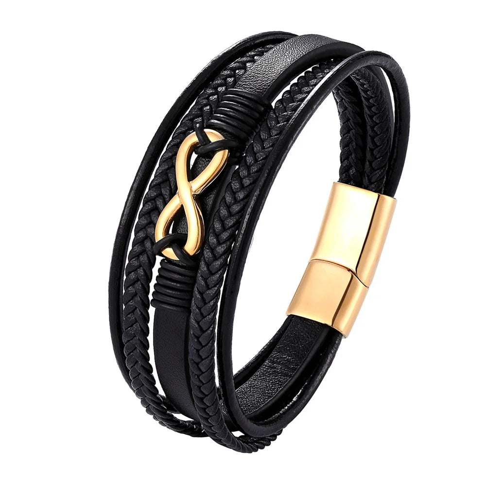 Eterna Braided Leather Bracelet – Multilayer Woven Design with Black Stainless Steel, Classic Infinity Style for Men