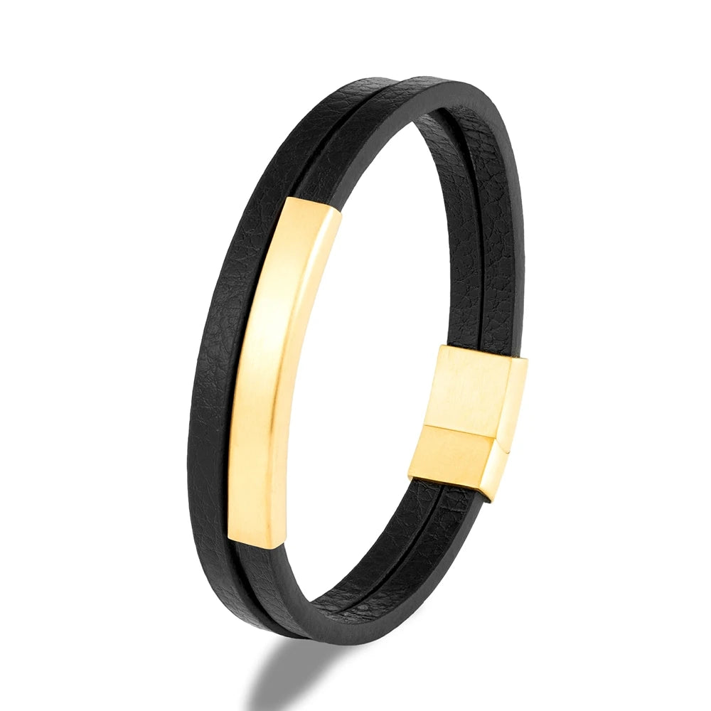 NoirBound Leather Bracelet – Double Strand Handmade Design with Matte Black Stainless Steel Clasp, Sleek and Minimalist Style for Men