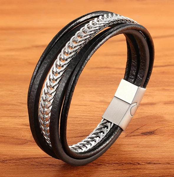 Titan Edge Bracelet – Men’s Leather & Stainless Steel Magnetic Bracelet