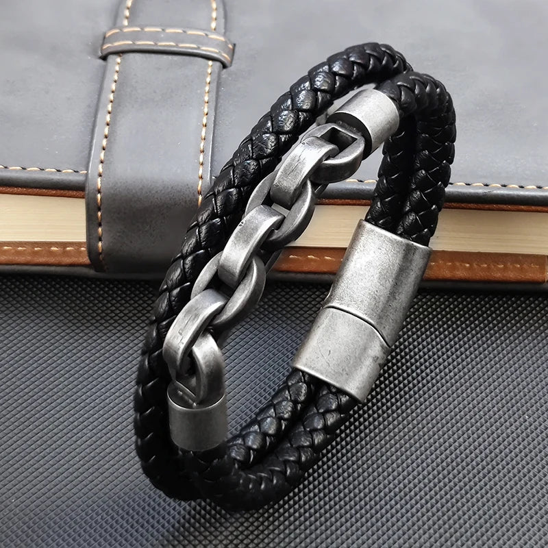 2025 Fashion Multi layered Stainless Steel Charm Viking Leather Bracelet Men's Woven Bracelet Punk Jewelry Homme Accessories