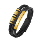 Gold plate and beads on the three-strand braided leather bracelet