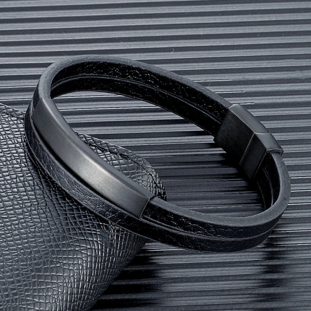 NoirBound Leather Bracelet – Double Strand Handmade Design with Matte Black Stainless Steel Clasp, Sleek and Minimalist Style for Men