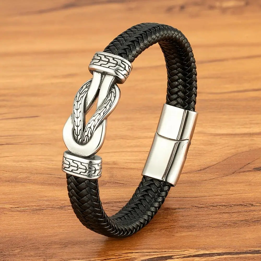 XQNI Stainless Steel Bracelets Weave Black/Brown Leahter Magnetic Buckle Rope Jewelry Accessories Bangles Gifts for Men Friend