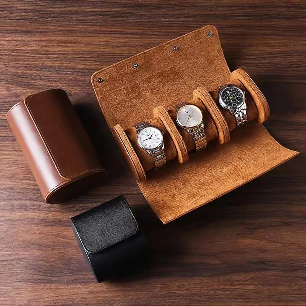 Popayán watch roll in brown, open with three watches, next to the 1-watch black version