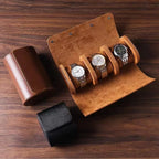 Popayán watch roll in brown, open with three watches, next to the 1-watch black version