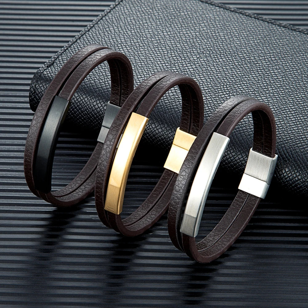 NoirBound Leather Bracelet – Double Strand Handmade Design with Matte Black Stainless Steel Clasp, Sleek and Minimalist Style for Men