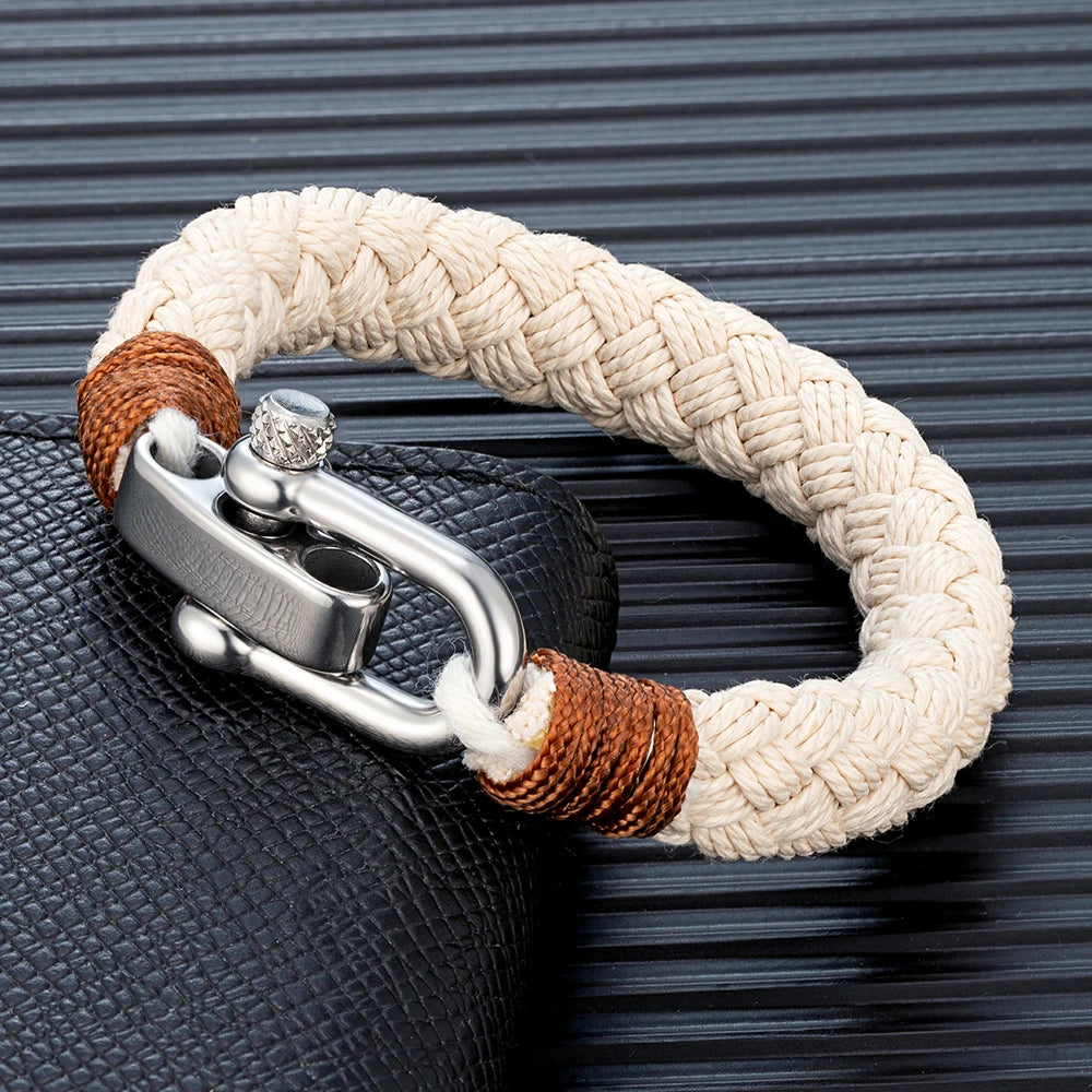 Helios Nautical Rope Bracelet – Wide Rope Design with Stainless Steel Adjustable Shackle Clasp, Handmade Wrap Bracelet for Men