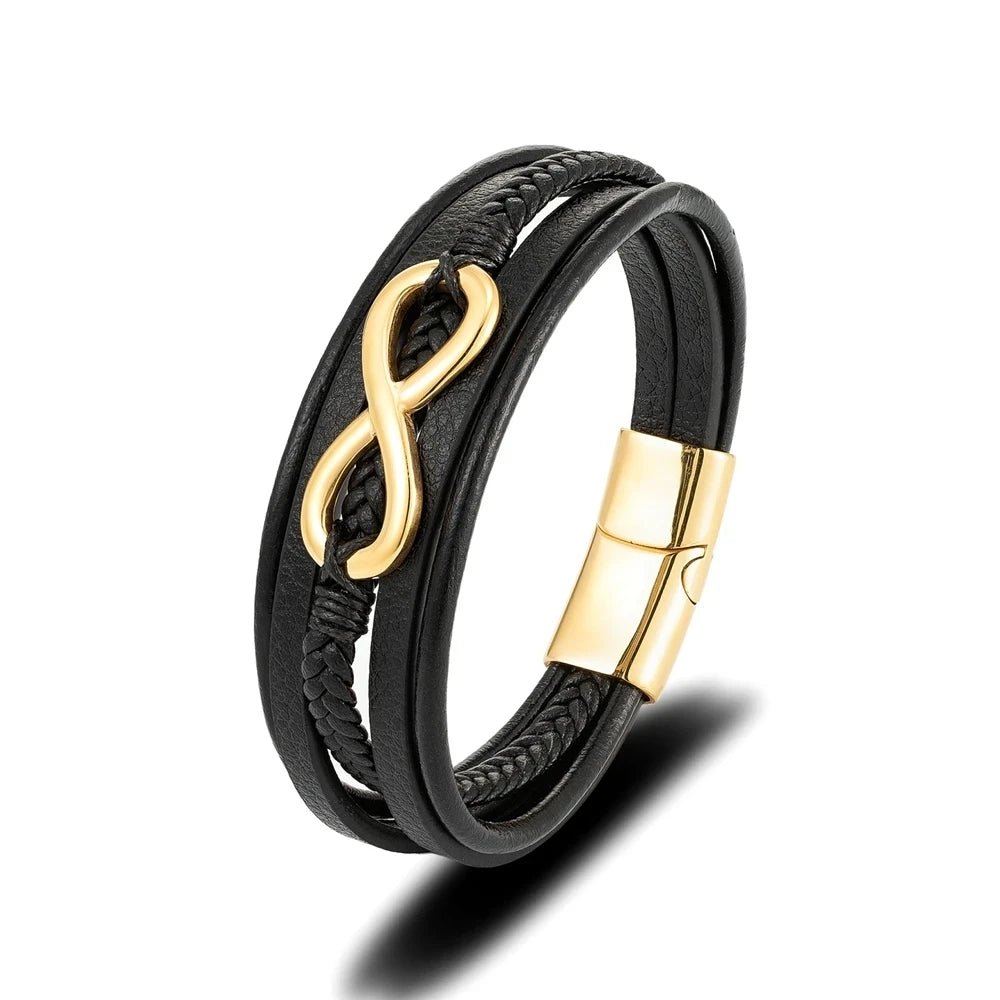 Eterna Braided Leather Bracelet – Multilayer Woven Design with Black Stainless Steel, Classic Infinity Style for Men