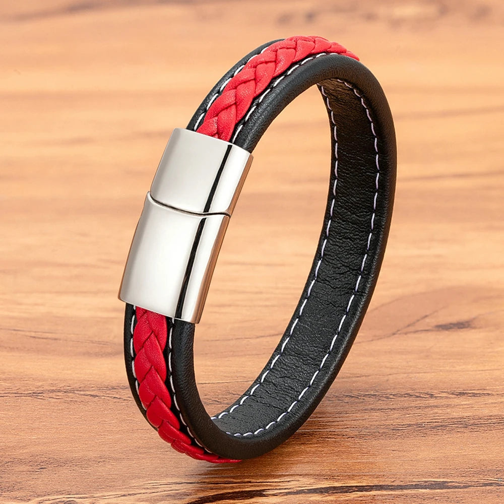 Valentia Black & Red Braided Leather Bracelet – Stainless Steel Charm Jewelry Gift for Men