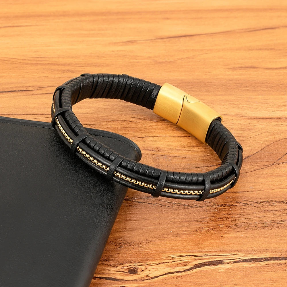 Titan Edge Bracelet – Men’s Leather & Stainless Steel Magnetic Bracelet