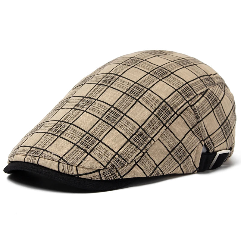 Ashford Plaid Cotton Beret – Lightweight Vintage-Style Flat Cap with Visor, Casual Summer Design in Cotton and Linen