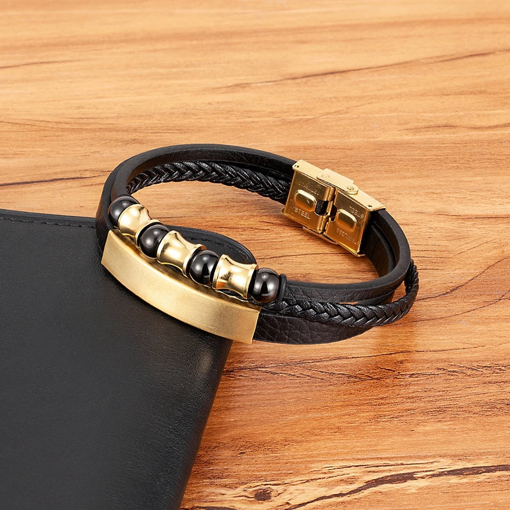 XQNI Men's Stainless Steel Magnetic Bracelet Punk Black Leather Wristband Elegant Mature Accessory Ideal Jewelry Gift