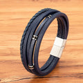 XQNI Retro Men's Leather Bracelets Simple Open Bangle Woven Braided Leather Stainless Steel Clasp Hand Rope Outdoor Sports Gift