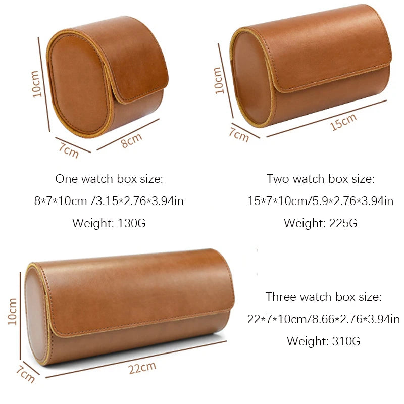 Watch roll sizes and weights: 1-watch 8 x 7 x 10 cm, 130 g; 3-watch 22 x 7 x 10 cm, 310 g