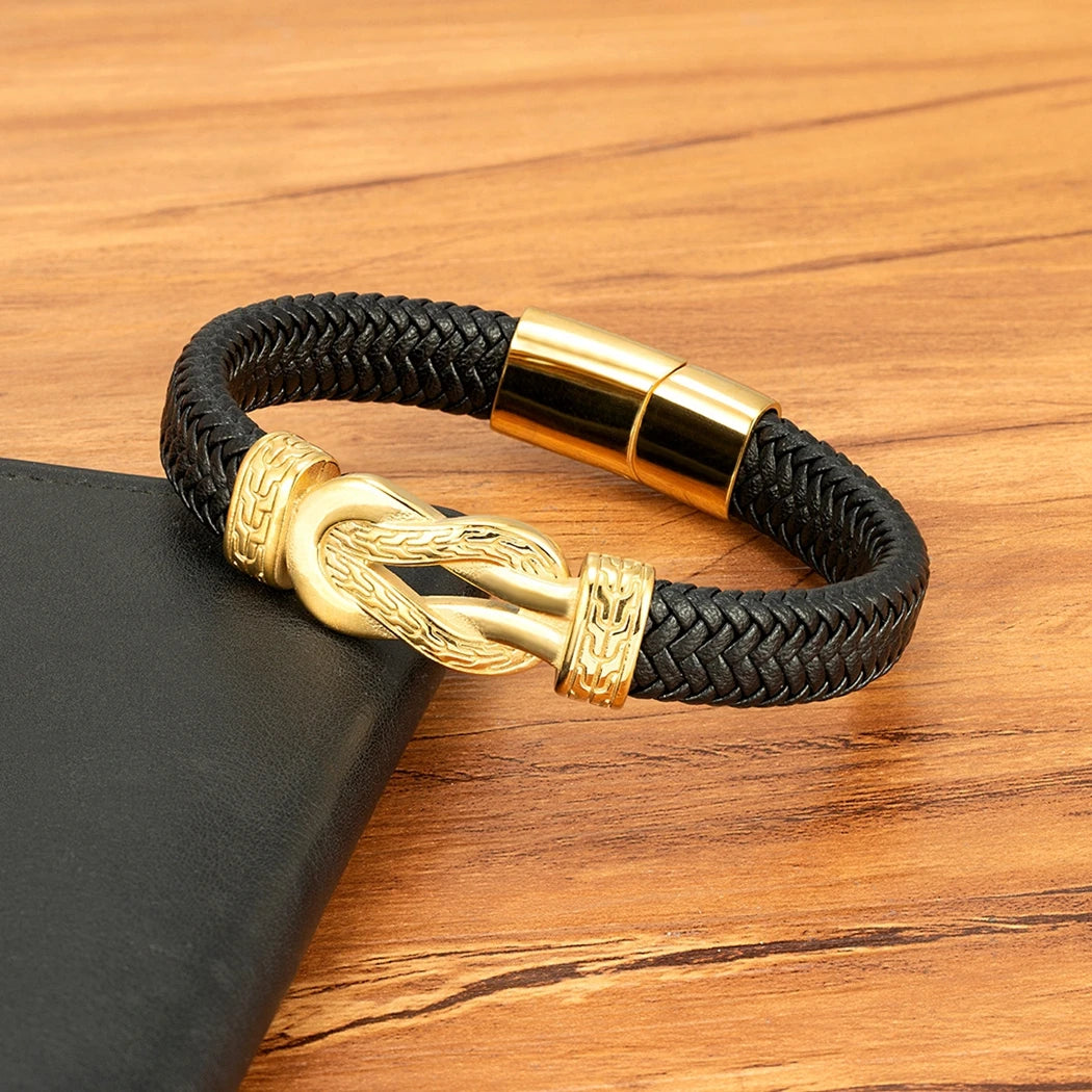 XQNI Stainless Steel Bracelets Weave Black/Brown Leahter Magnetic Buckle Rope Jewelry Accessories Bangles Gifts for Men Friend