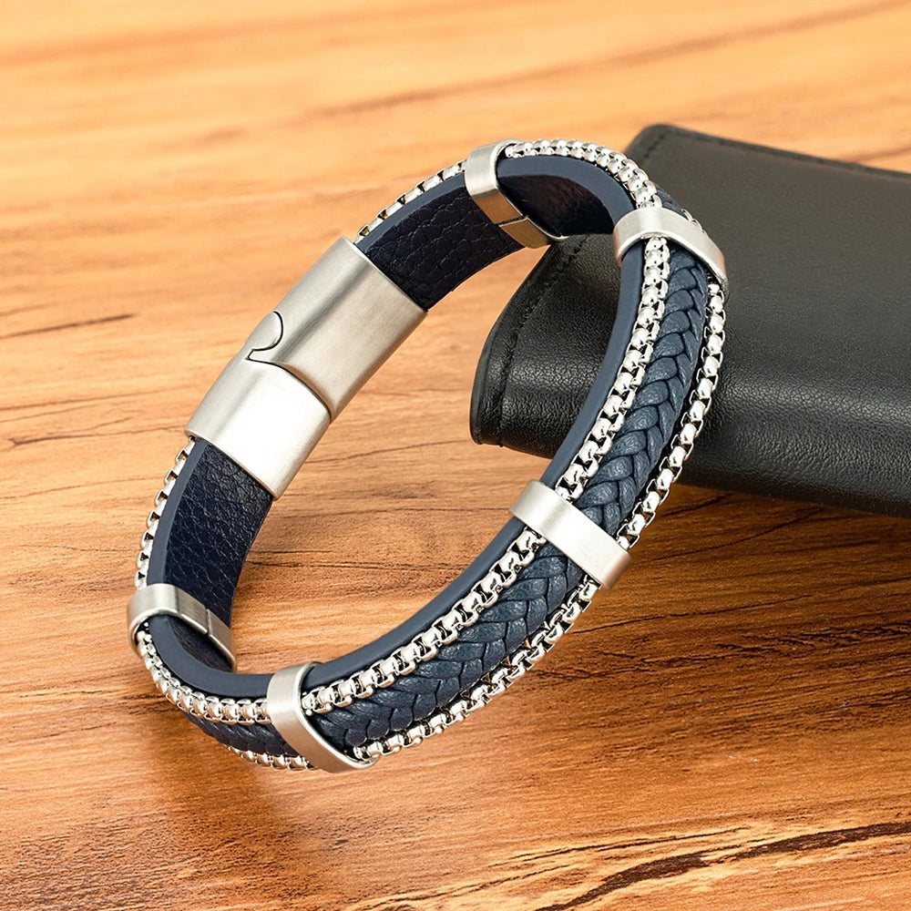 Clunia Punk Chain & Leather Bracelet – Stainless Steel Magnetic Buckle Jewelry for Men