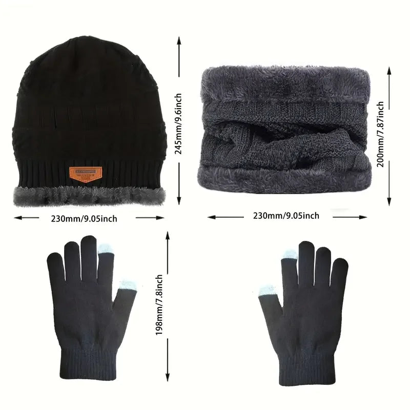 Nordic Fleece Winter Set – 3-Piece Knitted Set with Hat, Scarf, and Touchscreen Gloves, Fleece-Lined for Maximum Warmth and Comfort
