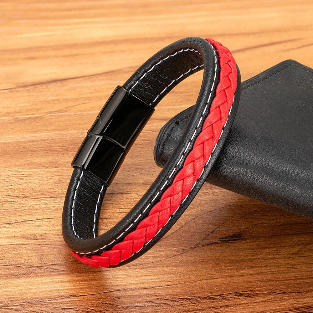 Valentia Black & Red Braided Leather Bracelet – Stainless Steel Charm Jewelry Gift for Men