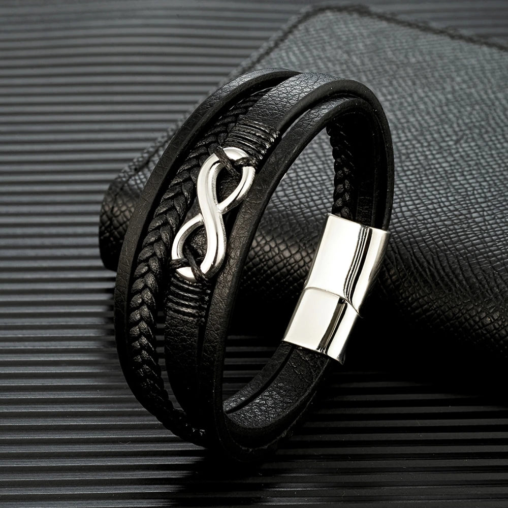 Eterna Braided Leather Bracelet – Multilayer Woven Design with Black Stainless Steel, Classic Infinity Style for Men