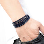 XQNI Retro Men's Leather Bracelets Simple Open Bangle Woven Braided Leather Stainless Steel Clasp Hand Rope Outdoor Sports Gift