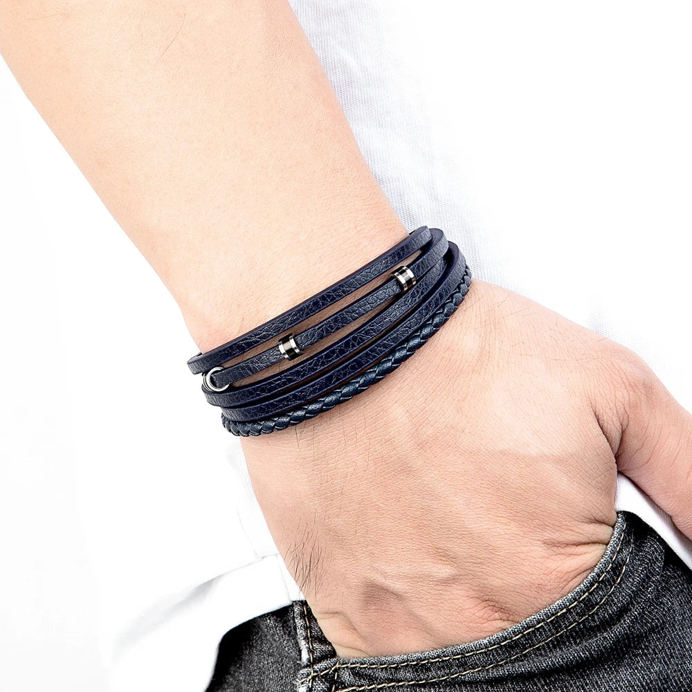 XQNI Retro Men's Leather Bracelets Simple Open Bangle Woven Braided Leather Stainless Steel Clasp Hand Rope Outdoor Sports Gift