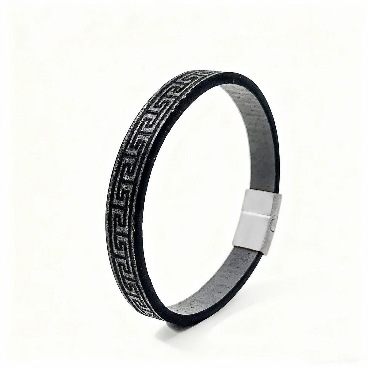 Arequipa Greek key leather bracelet, black with silver clasp - true-to-life studio photo