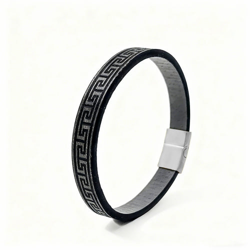 Arequipa Greek key leather bracelet, black with silver clasp - true-to-life studio photo