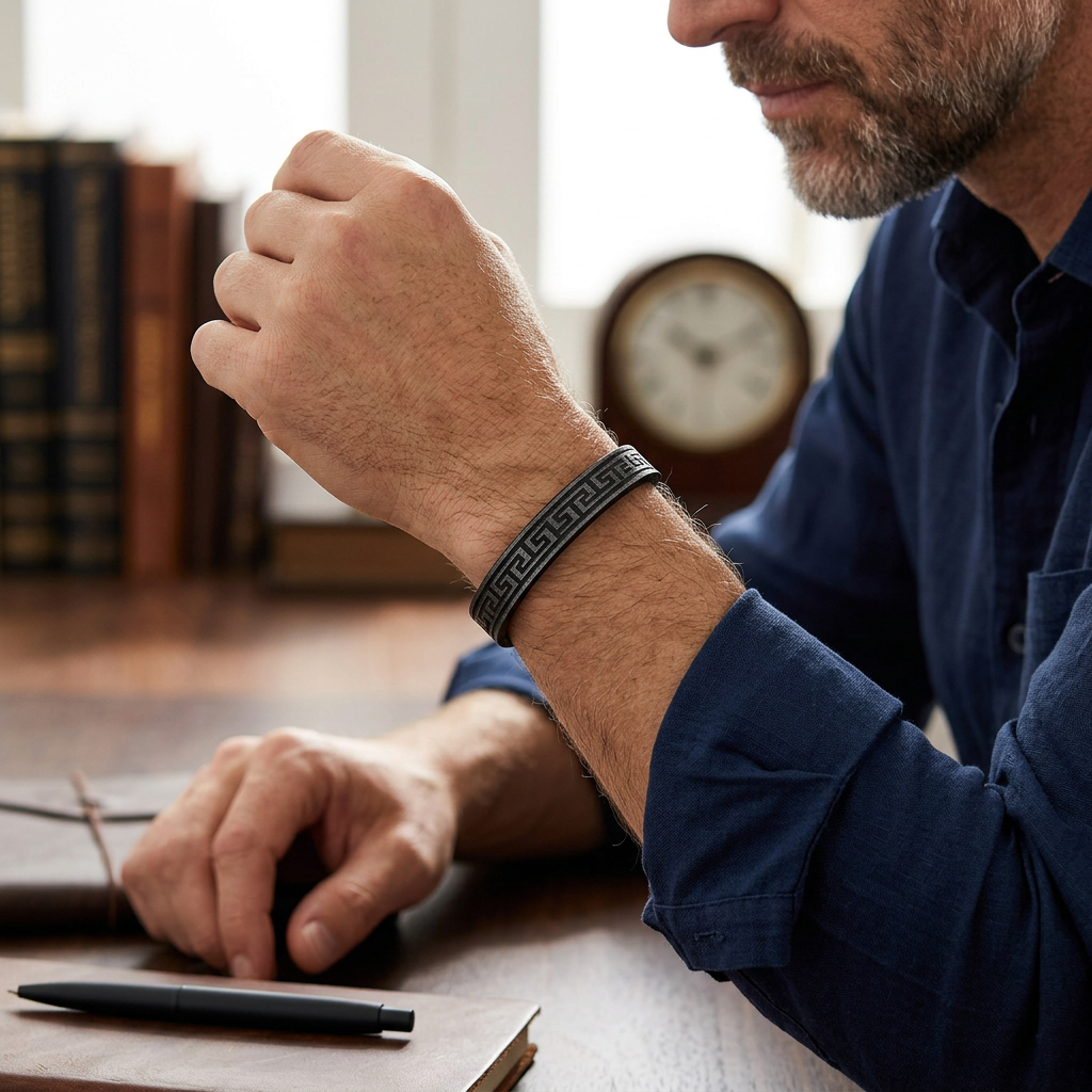 Arequipa Greek key leather bracelet, black with silver clasp, worn on a man's wrist