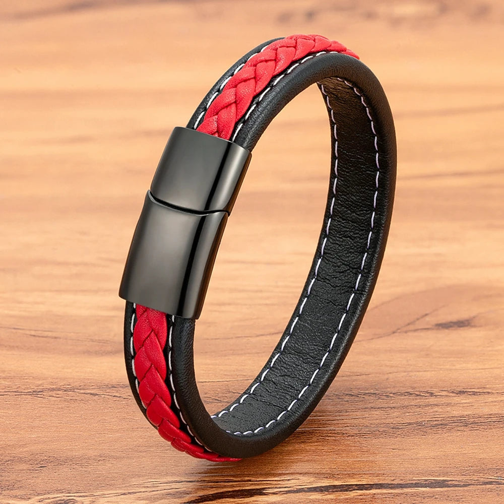 Valentia Black & Red Braided Leather Bracelet – Stainless Steel Charm Jewelry Gift for Men