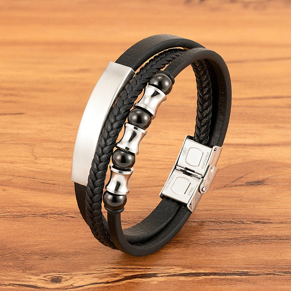 XQNI Men's Stainless Steel Magnetic Bracelet Punk Black Leather Wristband Elegant Mature Accessory Ideal Jewelry Gift